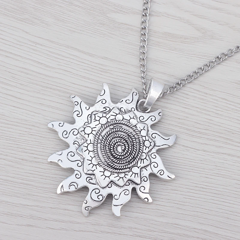 1 x Tibetan Silver Boho Statement Large Spiral Sun Flower Pendant on Long Chain Necklace Jewelry Lagenlook 34\