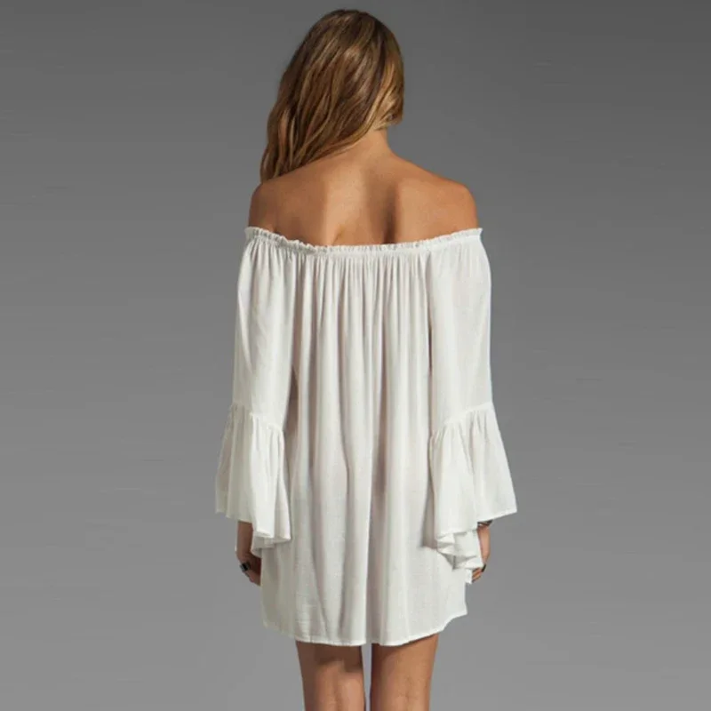 Fashion High Quality Women\'s Sexy Casual Halter Sexy Boho Ruffle Sleeve Top Mini Dress Slash Neck Loose Solid Color Woman Dress