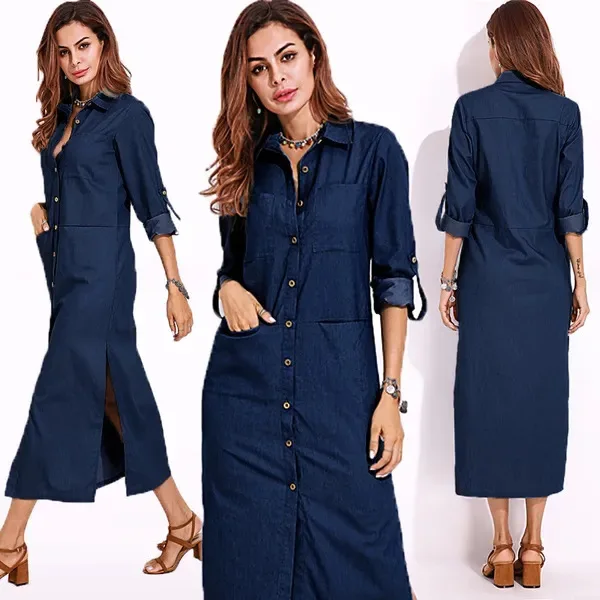 Elegant And Fashionable Casual Long Sleeved Shirt Collar Cardigan Solid Color Long Denim Skirt Dress Summer Dress 2025