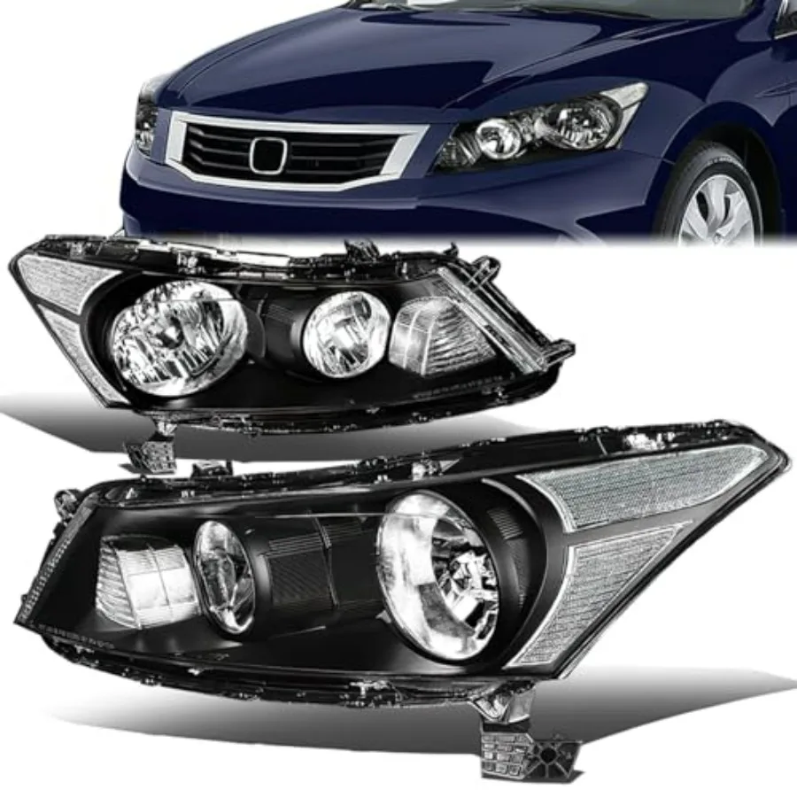 

Headlight Assembly Compatible with Honda Accord Sedan 2008-2012 Black Housing Clear Corner Left Right Headlamp Set 33150TA0A01