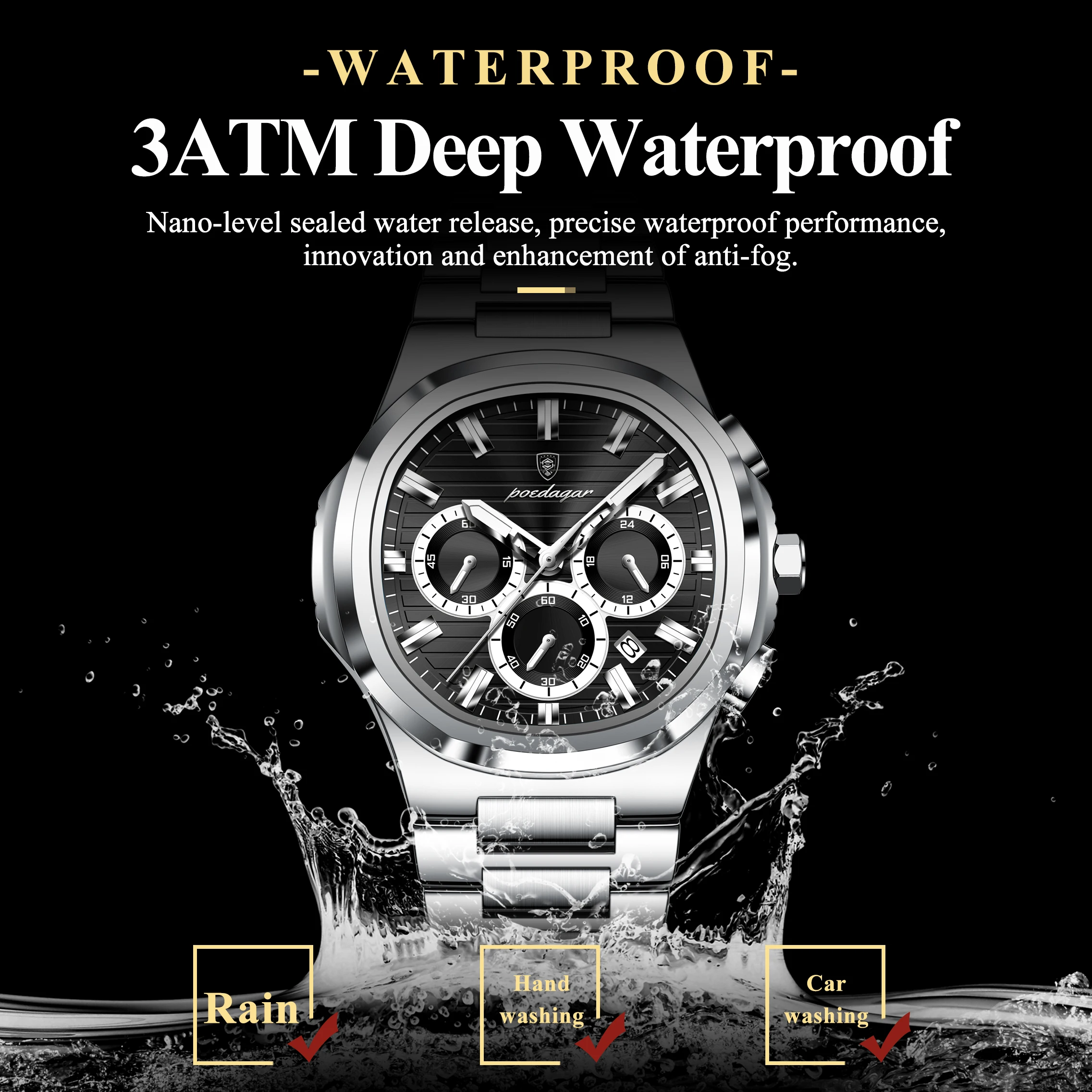 Men's Luminous Waterproof Stainless Steel Chronograph Quartz Watch