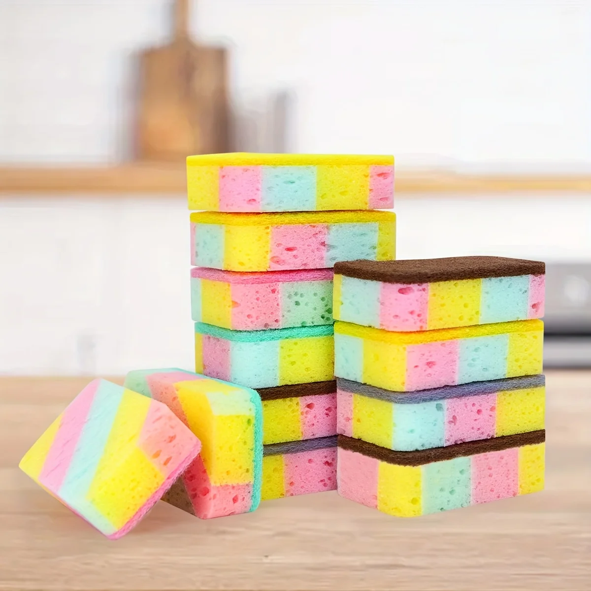 6pcs Random color kitchen color-blocking dishwashing cloth, double-sided sponge for scrubbing dishes, dishwashing cloth