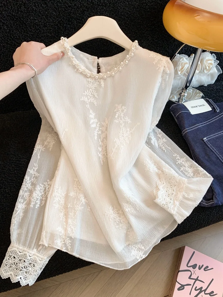 

Beautiful Texture Long Sve Lace irt Women's Spring New Sle mmet Embellied Earlet Collar Ele Top Ciwalk