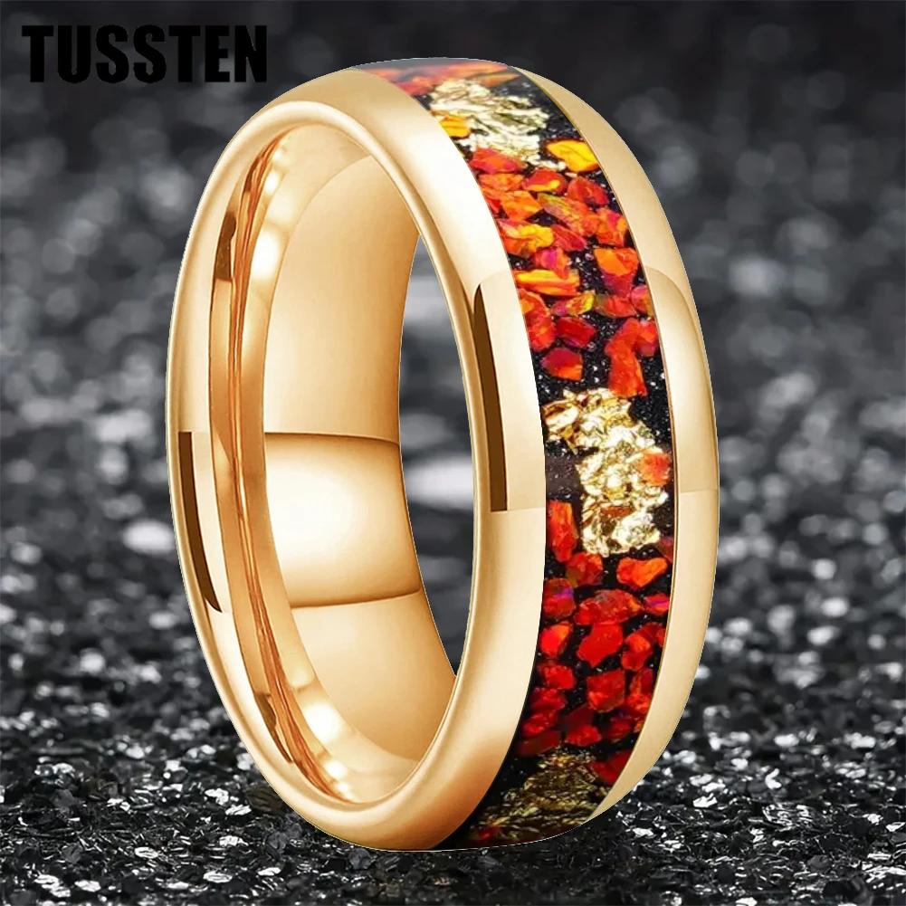 TUSSTEN 8MM Men's and Women's Wedding Ring with Orange opal and gold foil Stone Inset in the Middle Groove for