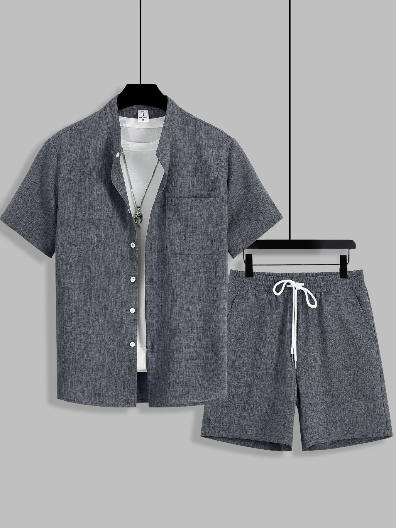 

Summer Men's Cotton Linen Texture Stand Collar Short Sleeve Shirt & Shorts Set, Loose Comfortable Breathable Daily Casual Two-Pi