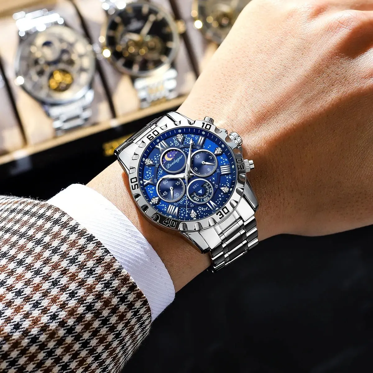 POEDAGAR ساعة رجالية عصرية فاخرة مقاومة للماء كرونوغراف مضيئة للرجال ساعة ستانلس ستيل رياضية عسكرية كوارتز ساعات رجالية