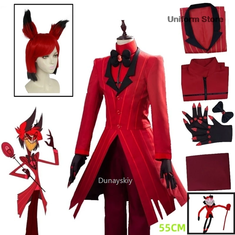 Hazbin ALASTOR Cosplay Costume pour homme adulte, uniforme d\'hôtel, veste et pantalon, rouge trempé, anime, Halloween