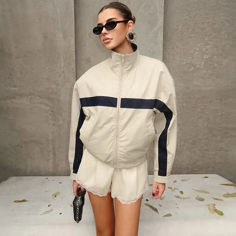 Color Blocking Baseball Pilot Sports Jacket Spring And Autumn Women'S Retro Loose Acrylic Breathable Quick Drying Casual Jacket