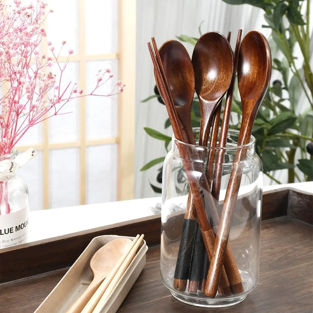 Solid Wood Long Handle Spoon Chopsticks Portable Tableware Wooden Piece Tableware Two Spoon Chopsticks R4E3