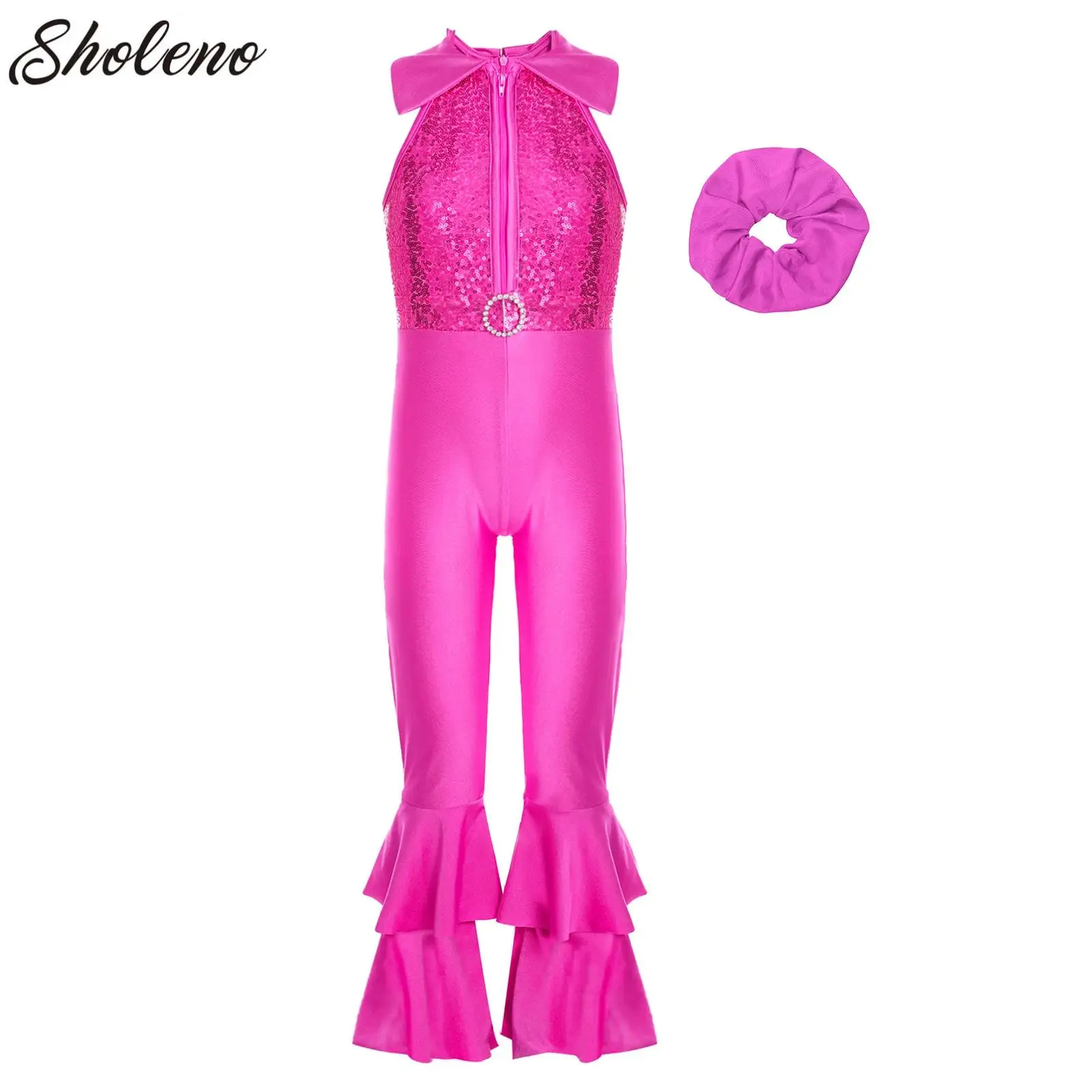 

Kids Girls Ballet Dance Bodysuit Sequin Sleeveless Full Body Unitard Gymnastics Jumpsuit with Hair Tie Set for Stage Competition