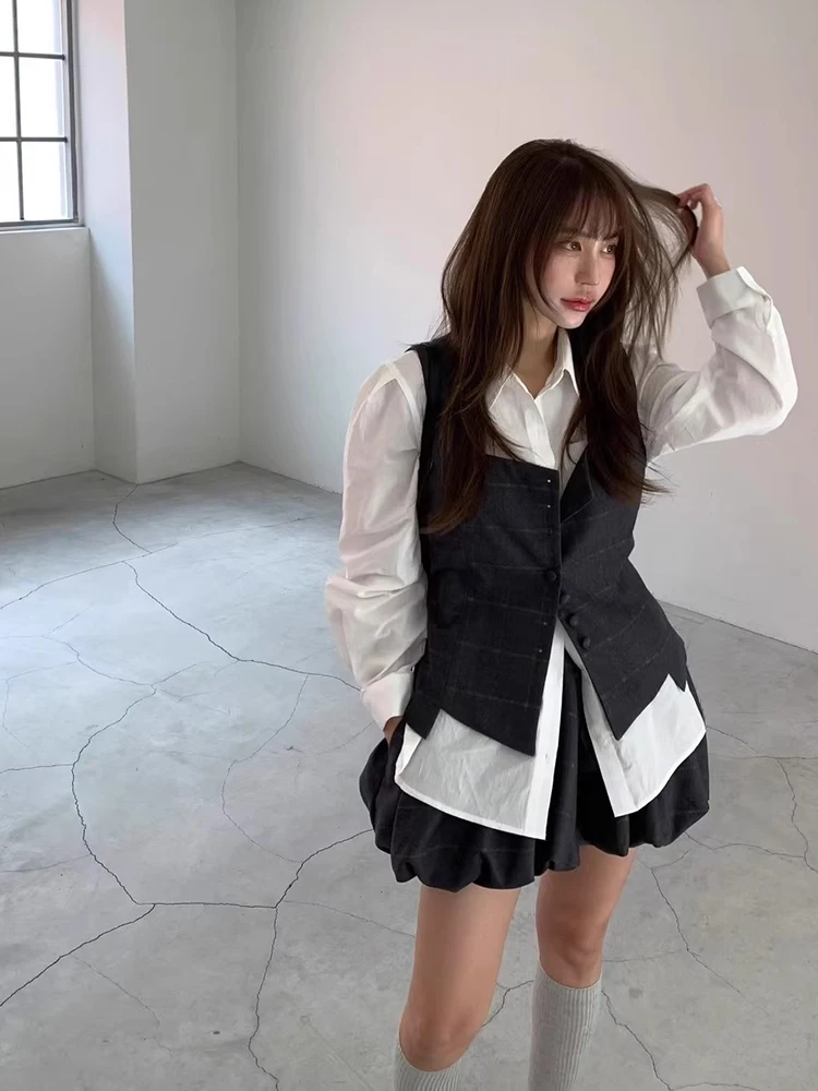 

Chic Autumn Plaid Vest Top Women's High Waist Lantern Pants Skirt Set Faionable Commute Sle Adult High Waist Trousers