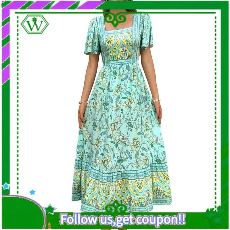A18P-Mulher 2025 verão manga curta boho estampa floral em camadas casual flowy longo maxi vestido