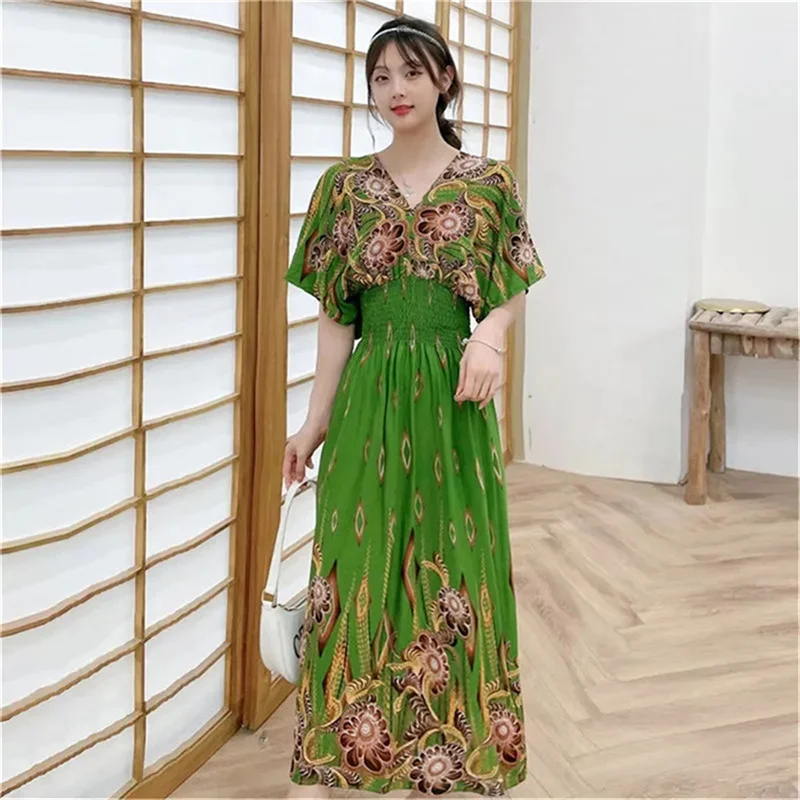 Summer Dress 2025 New Comfortable Women's Printed Long V-Neck Loose Dress With Half Sleeves Pajamas Dress Cotton And Linen Cloth