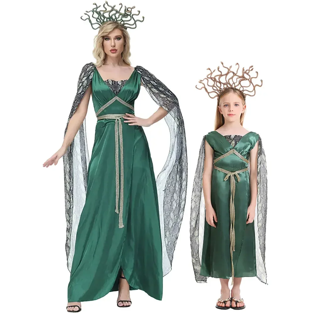 Sexy Deep V Backless Medusa Costume for Women Adult Greek Myth Snake Hydra Head Band Halloween Green Long Dress Kids