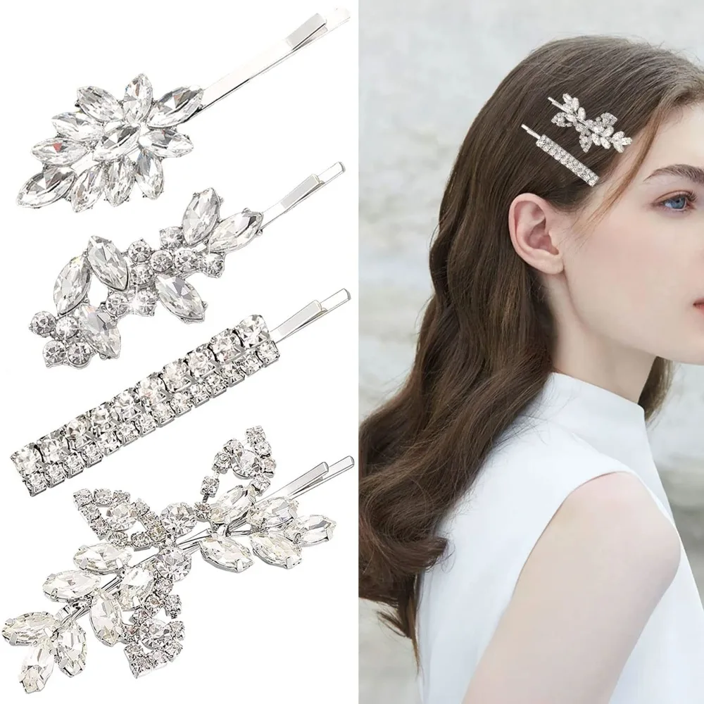 4 قطع من مشابك شعر الزفاف، إكسسوارات شعر من حجر الراين، دبابيس شعر زفاف على شكل أوراق شجر، دبابيس شعر كريستالية، مجوهرات دبوس شعر فضي