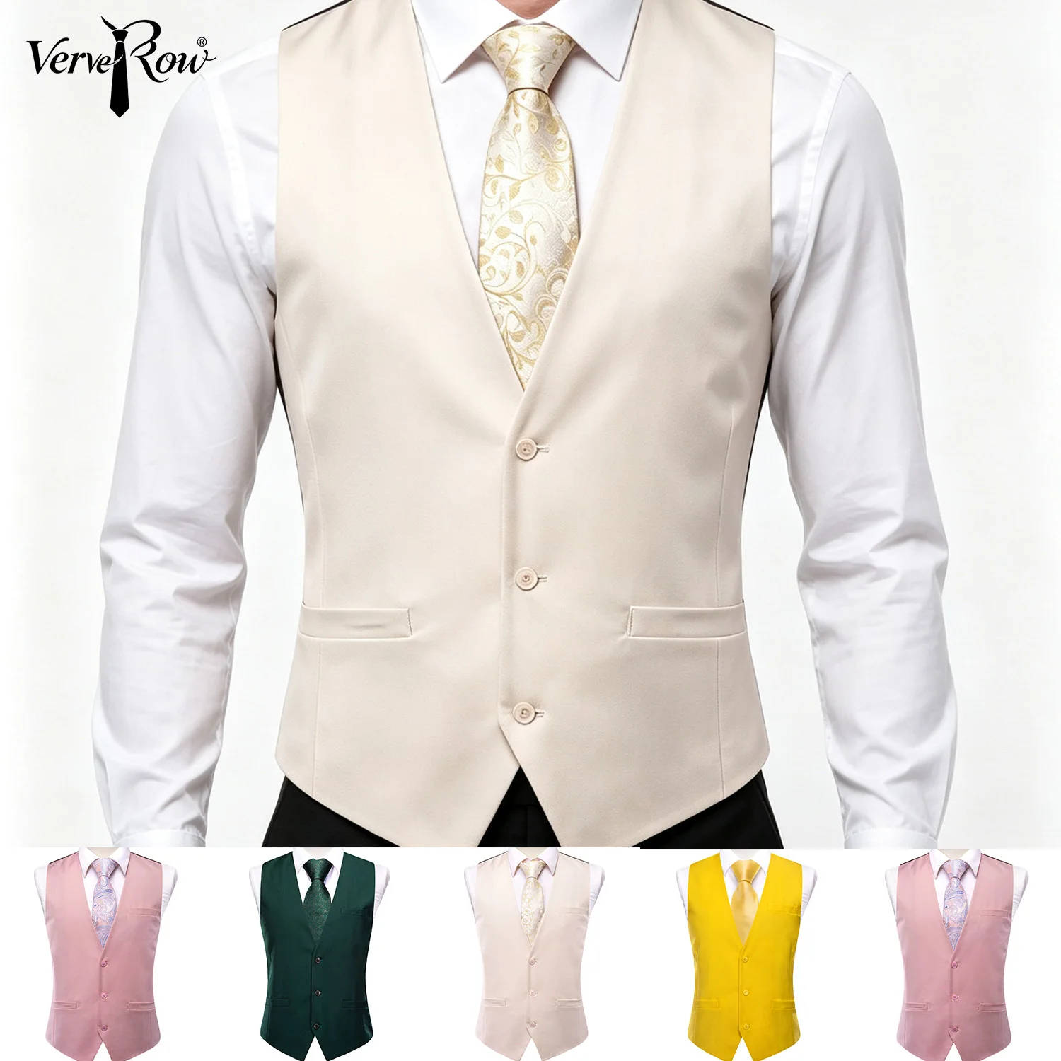VerveRow Men Beige Matte V‑Neck Solid Waistcoat  Waistcoat , Multi‑Colors Dusty Pink/Dark Green/Beige/Yellow For Wedding Banquet