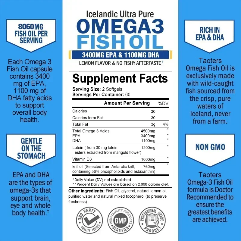 Omega-3 Fish Oil Supplement High in EPA + DHA for Heart, Brain and Immune Support