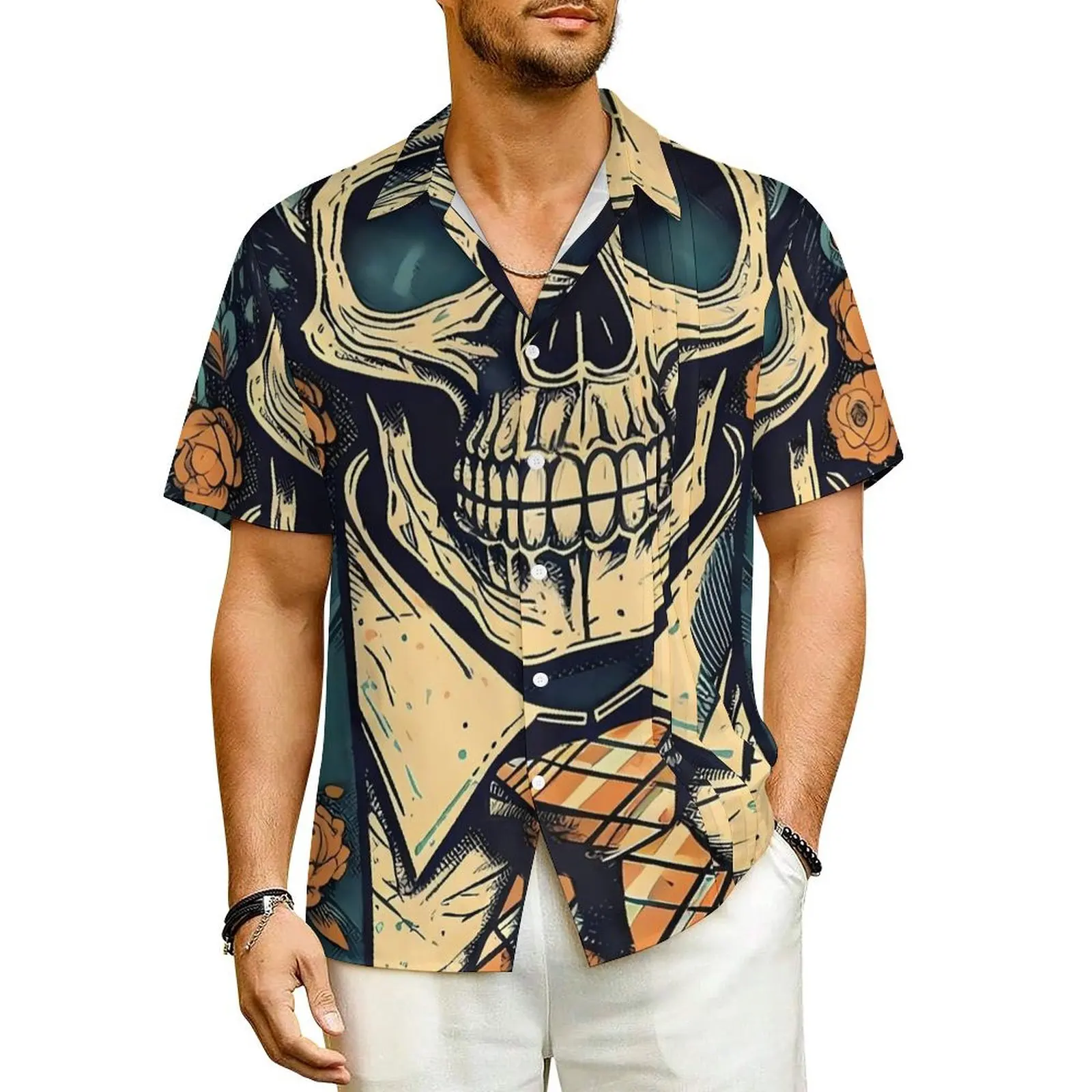 

Gothic Print Hawaii Shirt Men Vacation Roses And Skull Casual Shirts Short-Sleeve Breathable Pattern Elegant Oversize Blouses