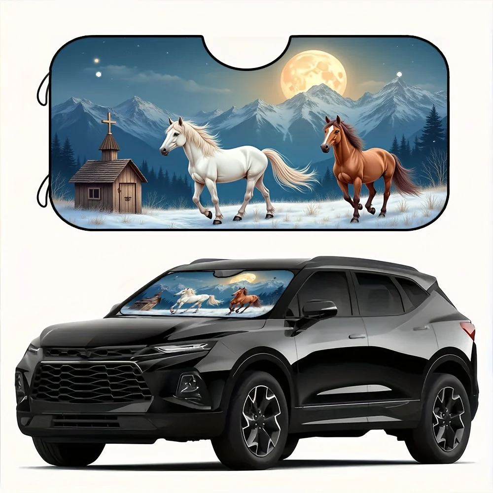 1pc, Car Windshield Sun Shade Horses Running Moonlight Design, Foldable Sunshades Sun Visor Blocks Rays Heat Blocking Interior A