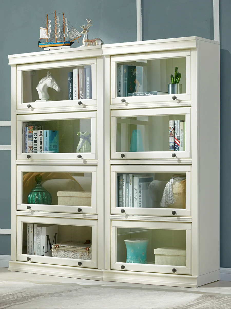 

American all-solid wood bookcase combination, household with glass door, floor-to-ceiling storage cabinet