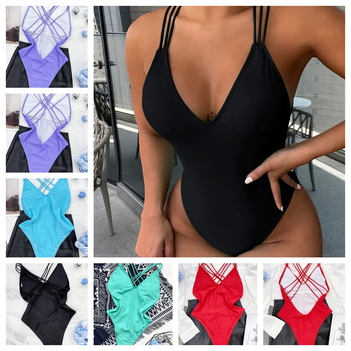 Baju renang wanita warna polos seksi baru Halter Bikini Brasil pakaian renang wanita Set Bikini Push Up Cincin pakaian mandi