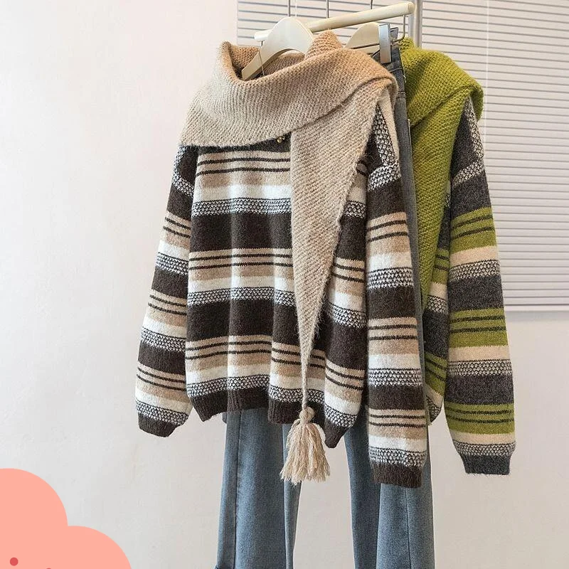 스웨터 니트웨어 여성 투피스 스웨터 스카프 그린 스트라이프 드롭 숄더 여성 봄 가을 겨울 신상 니트 숄 레이어링