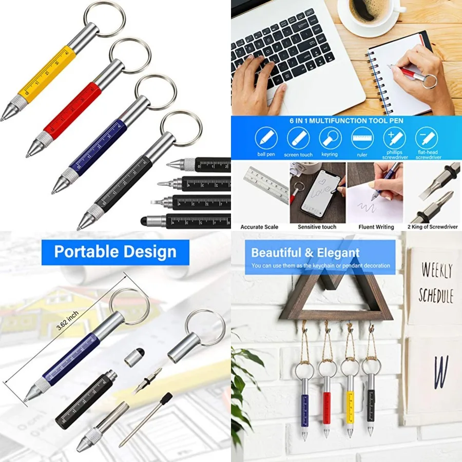 

Zonon 4 Pieces 6 in 1 Multitool Tech Tool Pen Key Ring Screwdriver Pen with Ruler Two-head Ballpoint Refills Metal Tool for Off