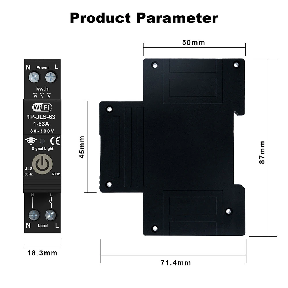 WiFi Intelligent Circuit Breaker Timing Control 2-Pole Circuit Breaker 1P 63A DIN Rail Bidirectional Metering Energy Meter