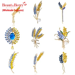 Beaut&Berry Ear of Wheat Brooches for Women Rhinestone Blue and Yellow Plant Pins 5-Color Unisex Casual Accessories Gifts