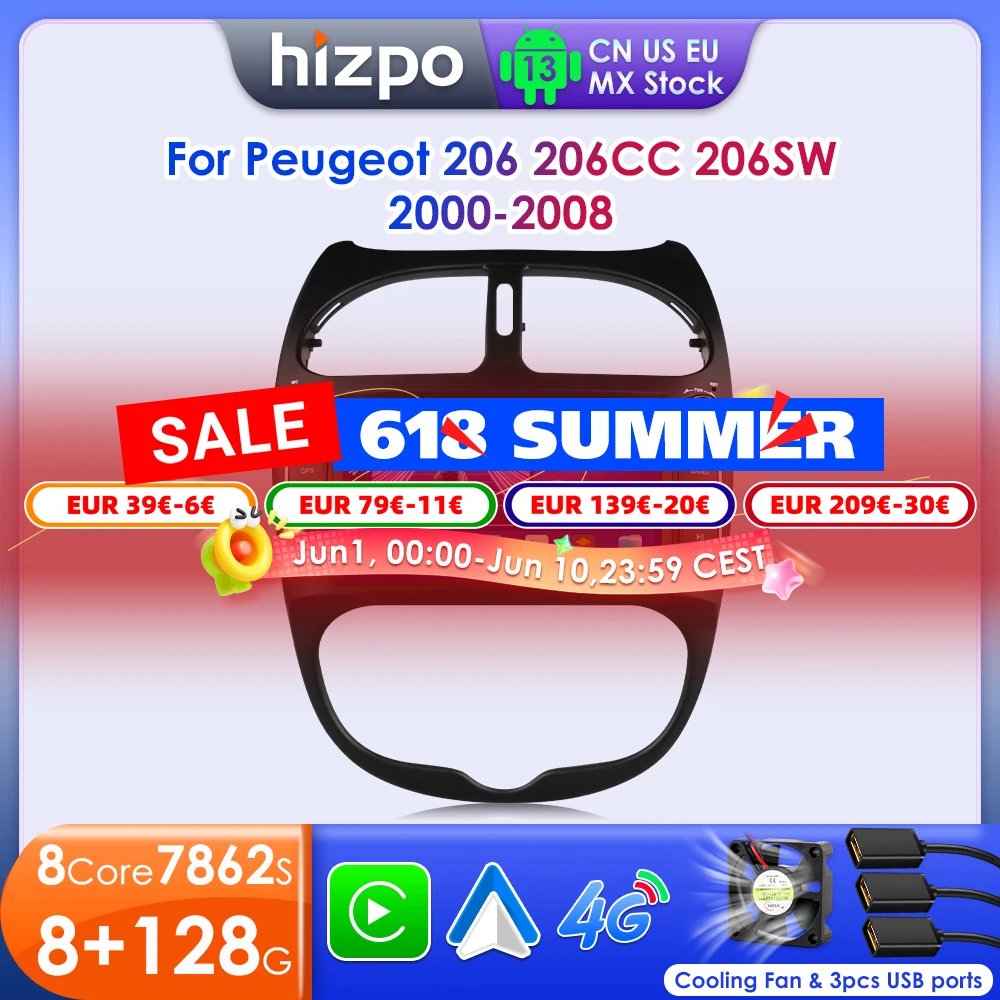 Hizpo Car Intelligent Systems Radio For Peugeot 206 206CC 206SW 2000 - 2008 Wireless CarPlay Android 13 Auto No 2 din 2din DVD