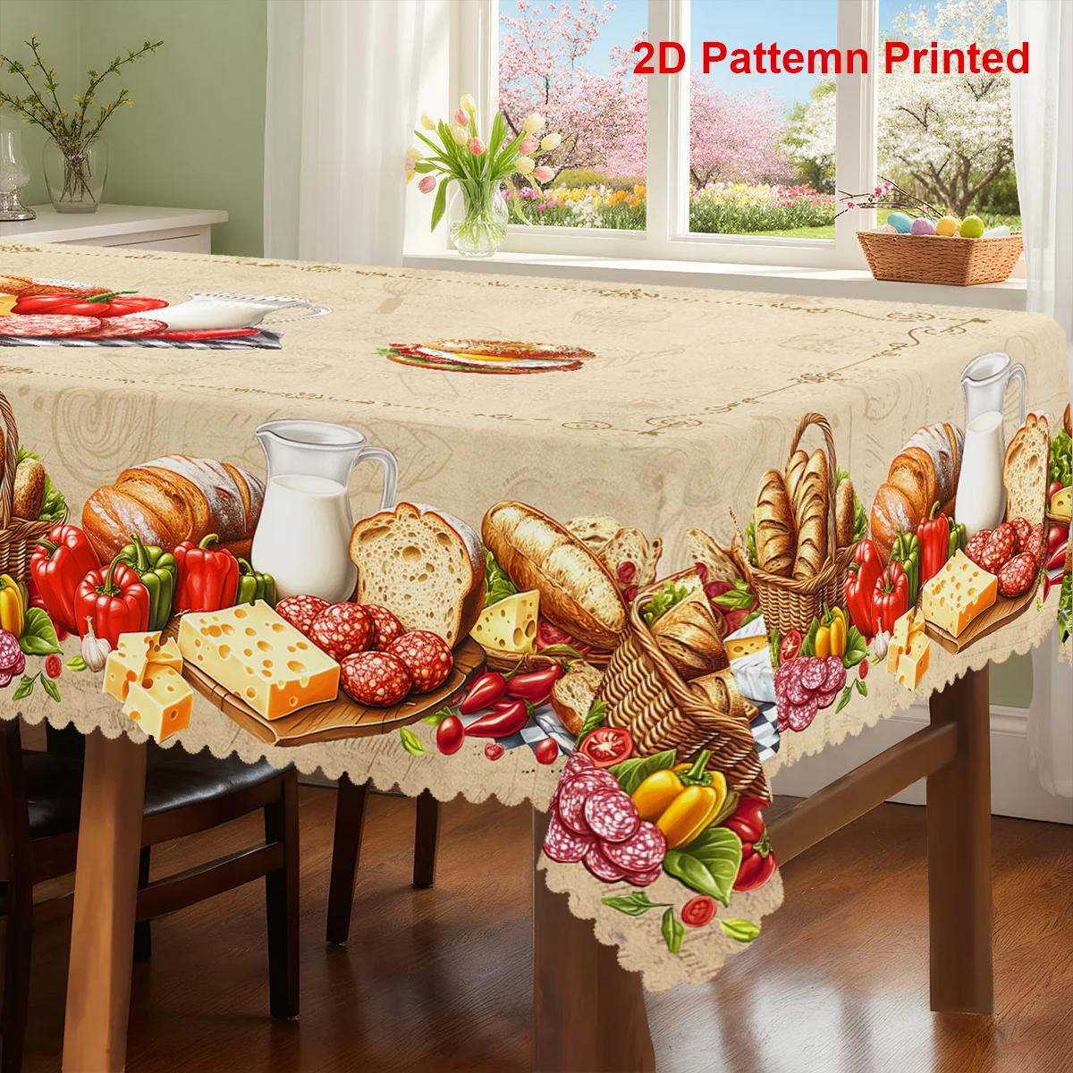 One tablecloth for a food-themed party, featuring a vintage buffalo stripe design with milk, bread and cheese prints.zyc