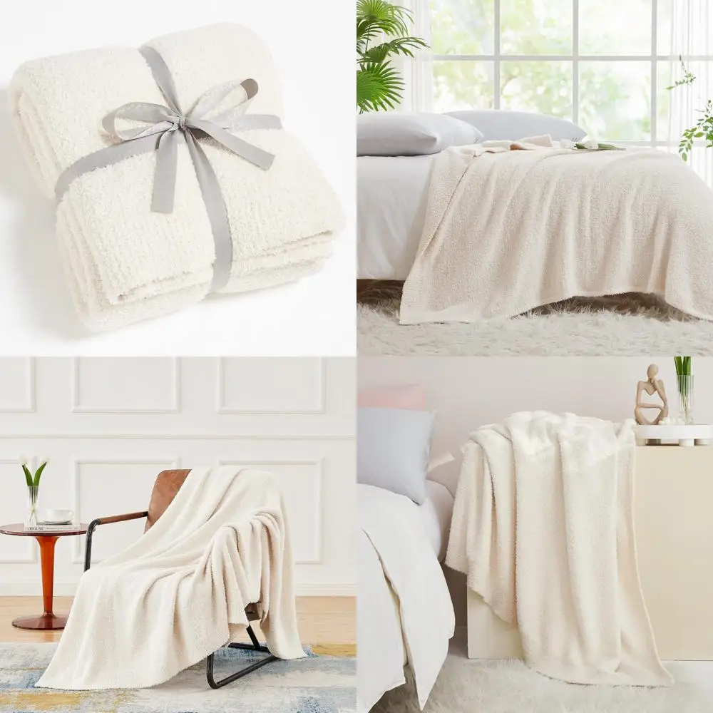

Luxurious Soft Knit Twin Size Cream Throw Blanket - Lightweight, Plush, and Cozy for Sofas