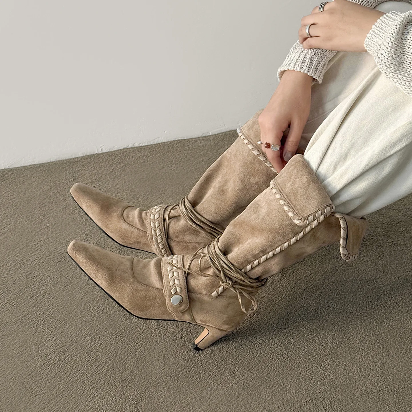 Women's Beige Suede Middle High Boots Braided Details Lace Up Design Boot Pointed Toe Kitten Heel Elegance Retro Ladies Botas