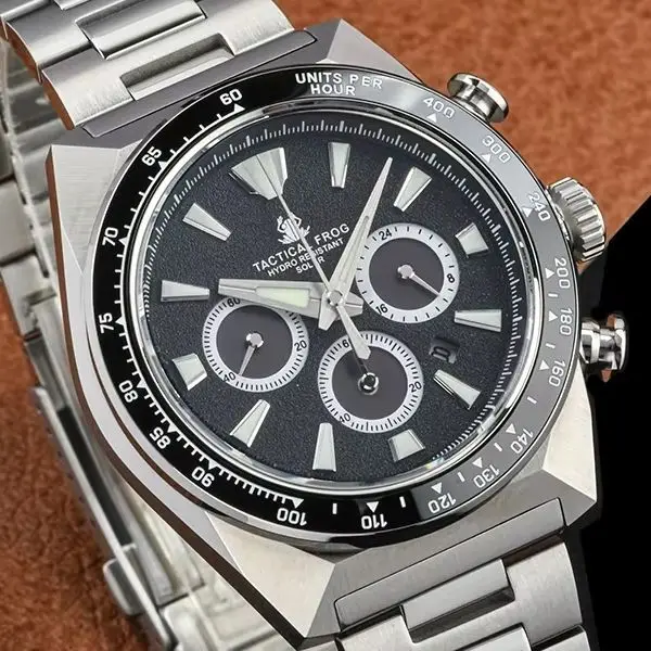 Tactical Frog Men Chronograph Watch 43mm Solar Eco-Drive Quartz Wristwatch 20Bar Waterproof C3 Luminous Sapphire Mirror VS75