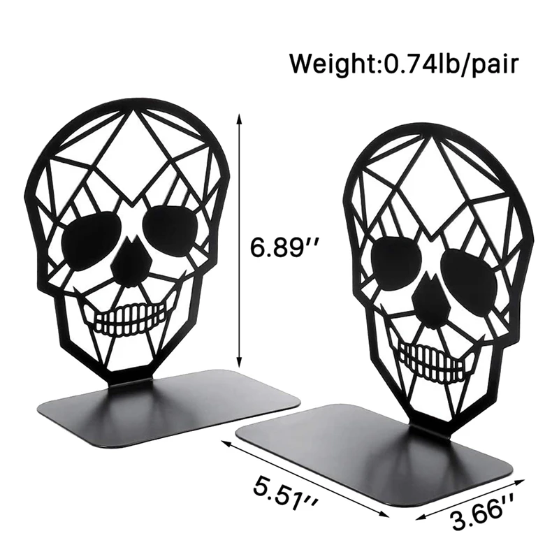 2 Pack Skull Design Black Bookend,Book Ends For Shelves Books,Book Shelf Holder Home Office Decorative Desktop Organizer