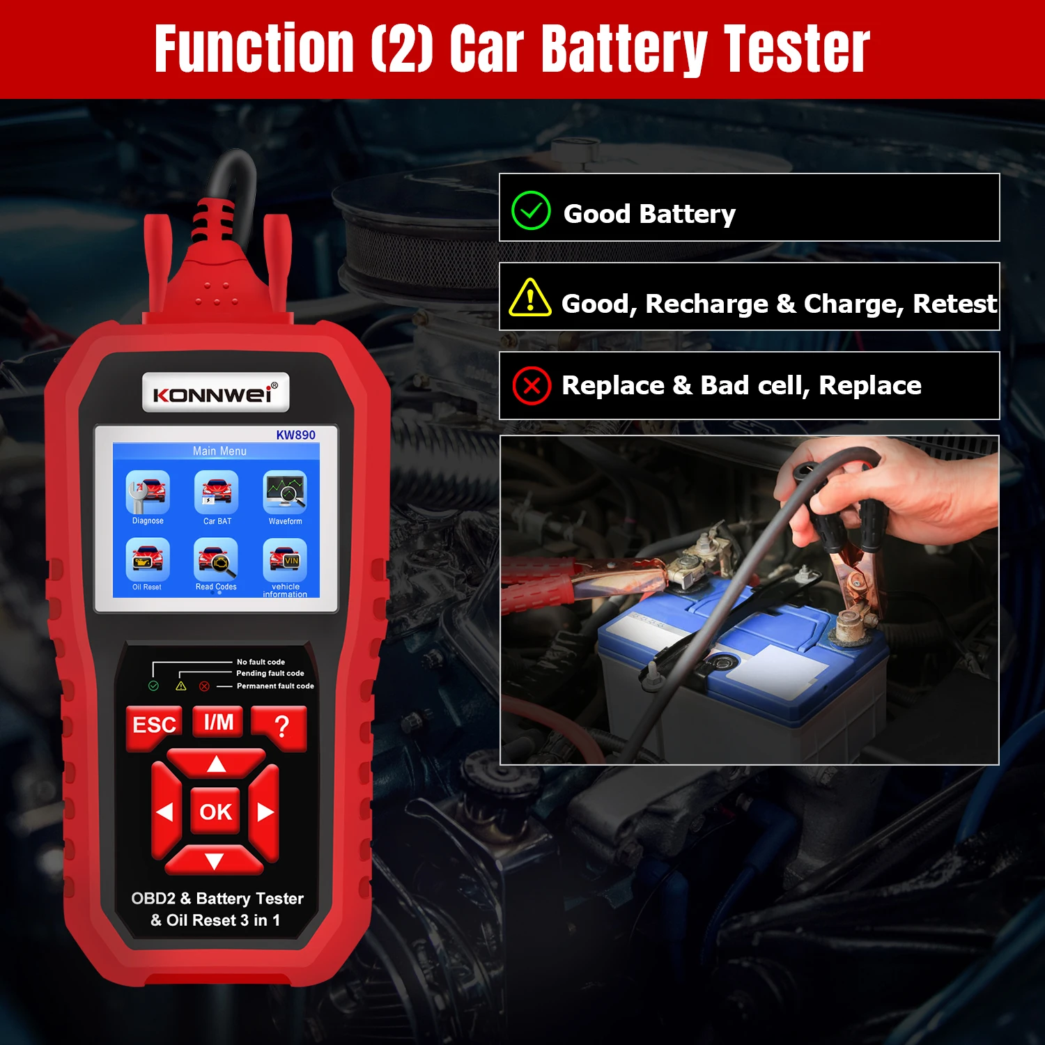 KONNWEI KW890 Oil Reset  Battery Tester OBD2 Diagnostic Scanner Tool 3 in 1 EOBD Engine Check Code Reader Diagnose Tool