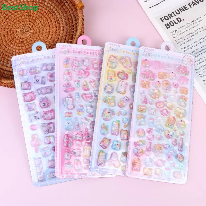 

3D объемные наклейки с мультяшными персонажами, милые наклейки с животными и едой, блестящие стикеры для детского творчества, скрапбукинга и поощрения.