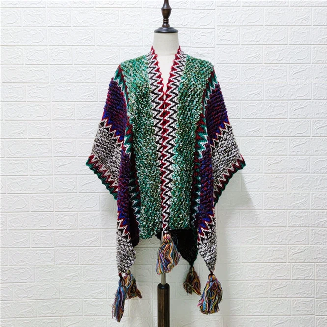 Women Knitting Poncho Capes Autumn New  Female Fashion Bohemian Poncho Cloak Tassel Winter Clothing Cardigan Scarf Tibet Green