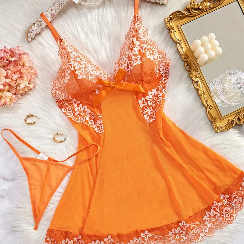 Sexy Nightgown Set Women Dress Sling Sleepwear Elegant Costume Embroidered Dresses Bright Color Pajama Set With Thongs Baby Doll