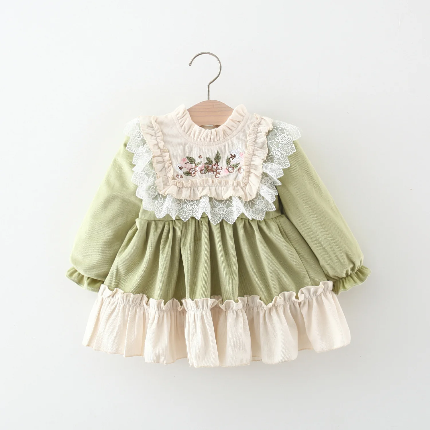 2024 New Spring Girls\' Long Sleeved Dress Long Sleeved Baby Girl Fashionable Cute Lace Embroidered Princess Dress