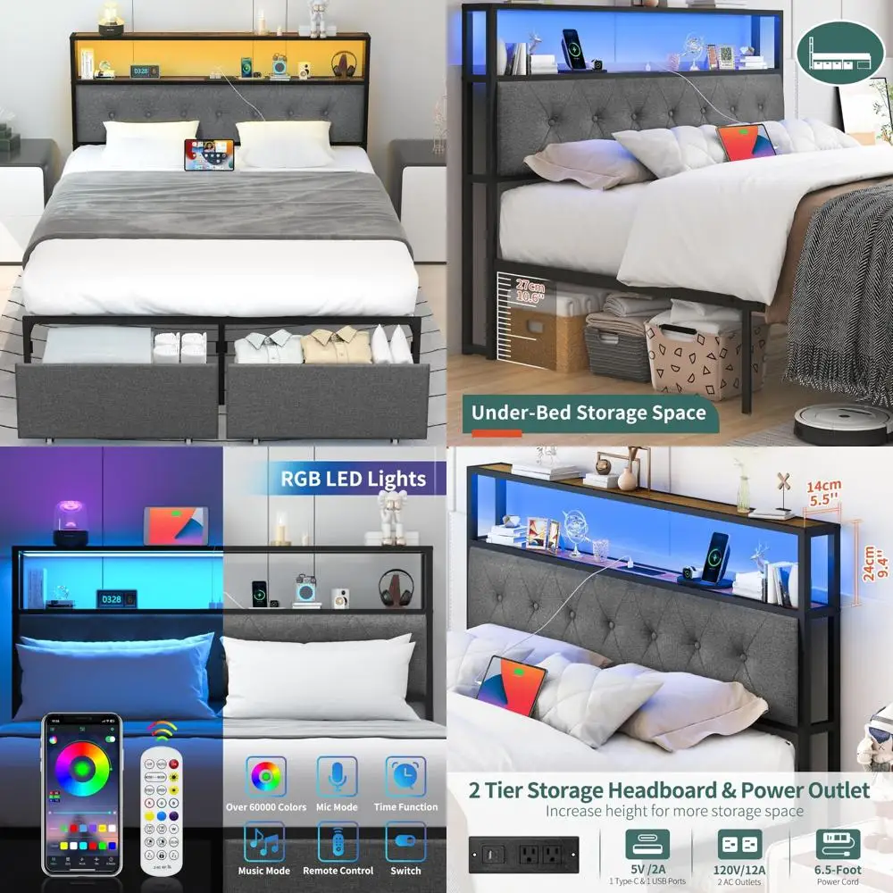 Marco de cama con plataforma resistente tamaño Queen con cabecero y cajones de almacenamiento