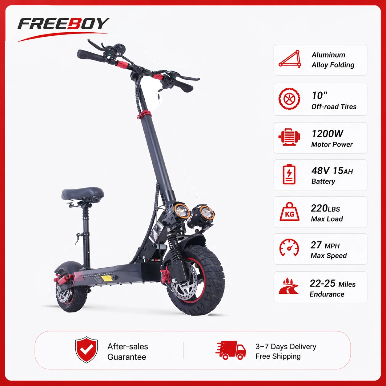 FREEBOY J01 Electric Scooter for Adults and College Students, Folding E-Scooter, 1200W Motor, 27 MPH, 24-Mile Range, Dual Suspension, Dual Disc Brakes