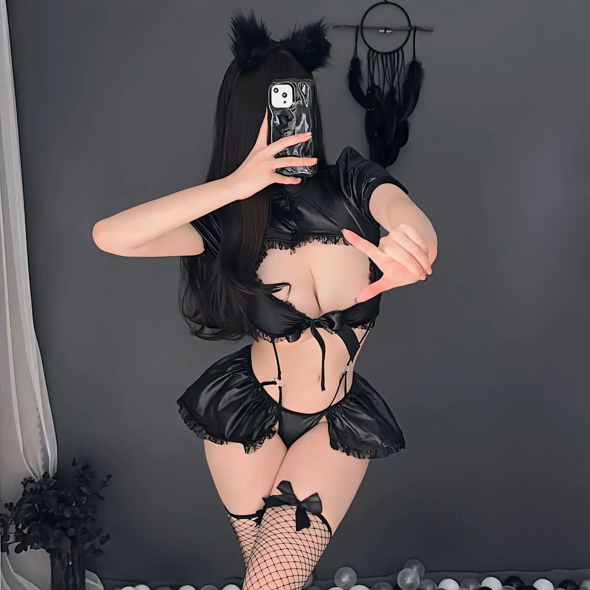 Hot Erotic lingerie Uniform temptation cat jumpsuit motorcycle suit PU set passionate bikini Babydoll sexy costume woman cosplay