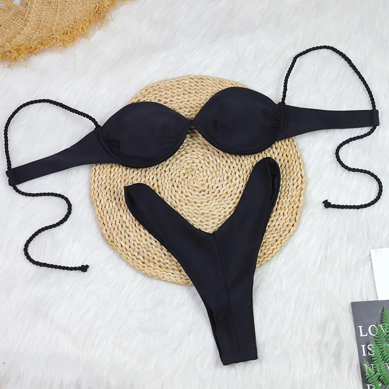 Sexy White Bikini 2024 Women Solid Pink Halter Push Up Bra Tie Side Triangle Swimsuit Summer Bathing Suit Lace Up Micro Swimwear