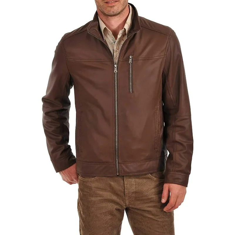 

Men's Lambskin 100% Leather Jacket Biker Brown High Quality Fashion Zip Coat