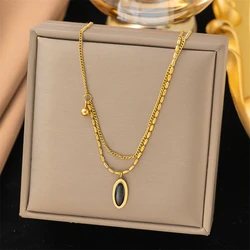 316L Stainless Steel New Fashion Fine Jewelry 2-Layer Retro Embedded Resin Beads Oval  Charm Chain Choker Necklaces For Women