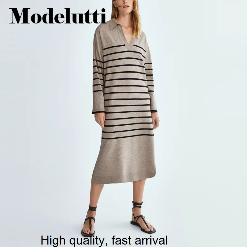 

Women Winter Dress Vestidos England Style Fashion Simple Striped Loose Polo Collar V-neck Knitted Midi Dress Women Top