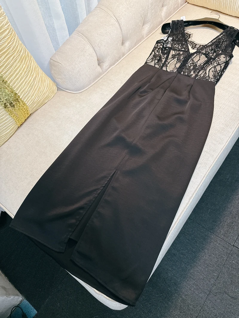  Satin V-ne Strap Dr Sexy Lace Mosaic Allure Sophistiion High-quali Ele Faionable Fem's Dr Skirt