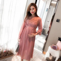 Chiffon Dresses Maternity Clothes For Pregnant Women Long Sleeve Pleated Dresses Pregnancy Maternity Dress Spring New