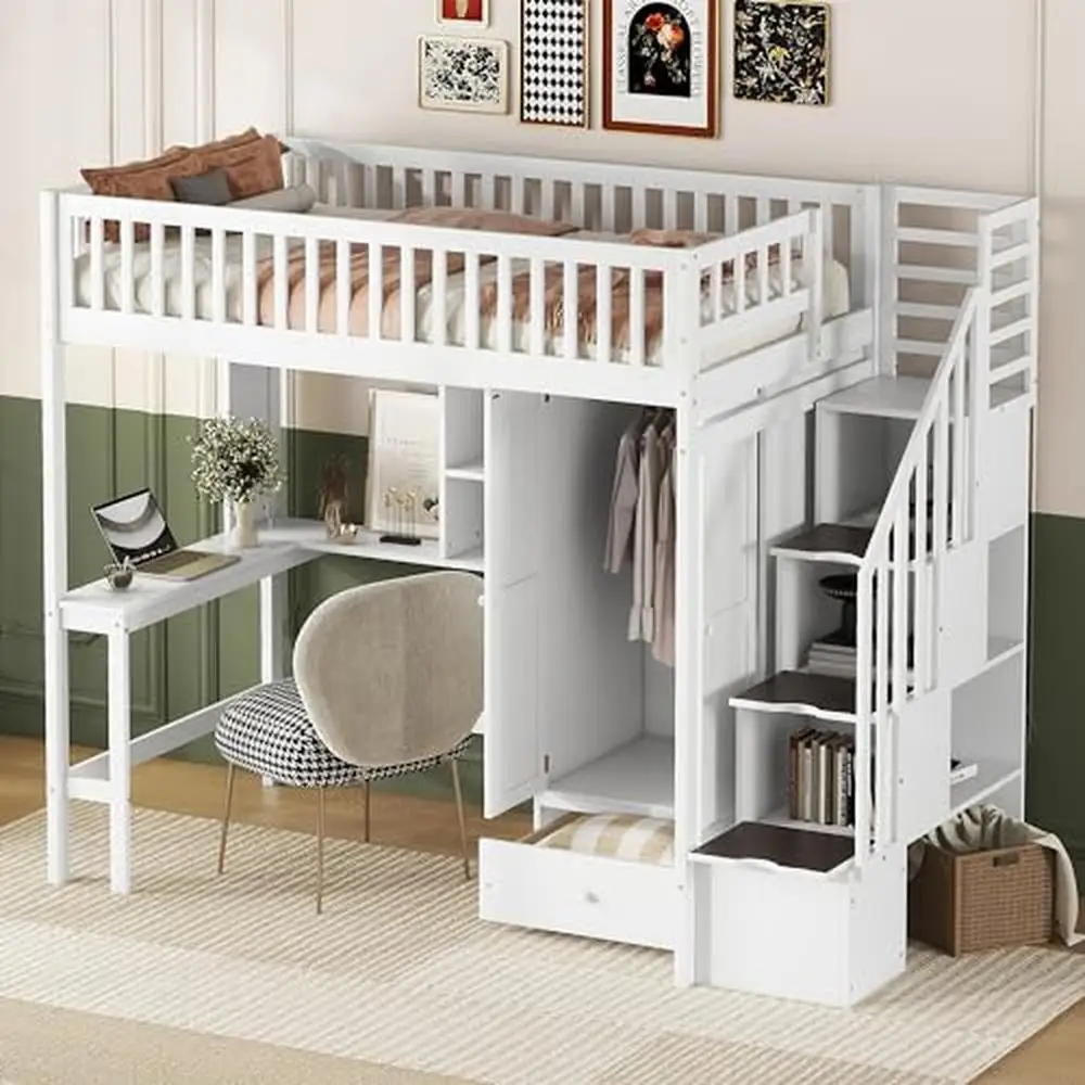 Twin Solid Wood Loft Bed with Stairs Desk Bookshelf Drawers Wardrobe Storage White Twin Size Loft Bed Frame Space-Saving